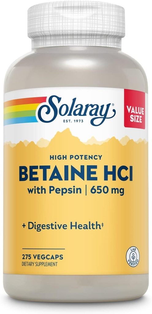 Solaray High Potency Betaine HCL with Pepsin - Hydrochloric Acid Supplement for Digestive Health - with Betaine Hydrochloride and Digestive Enzymes - Gut Health Support - 60-Day Guarantee, 275 VegCaps