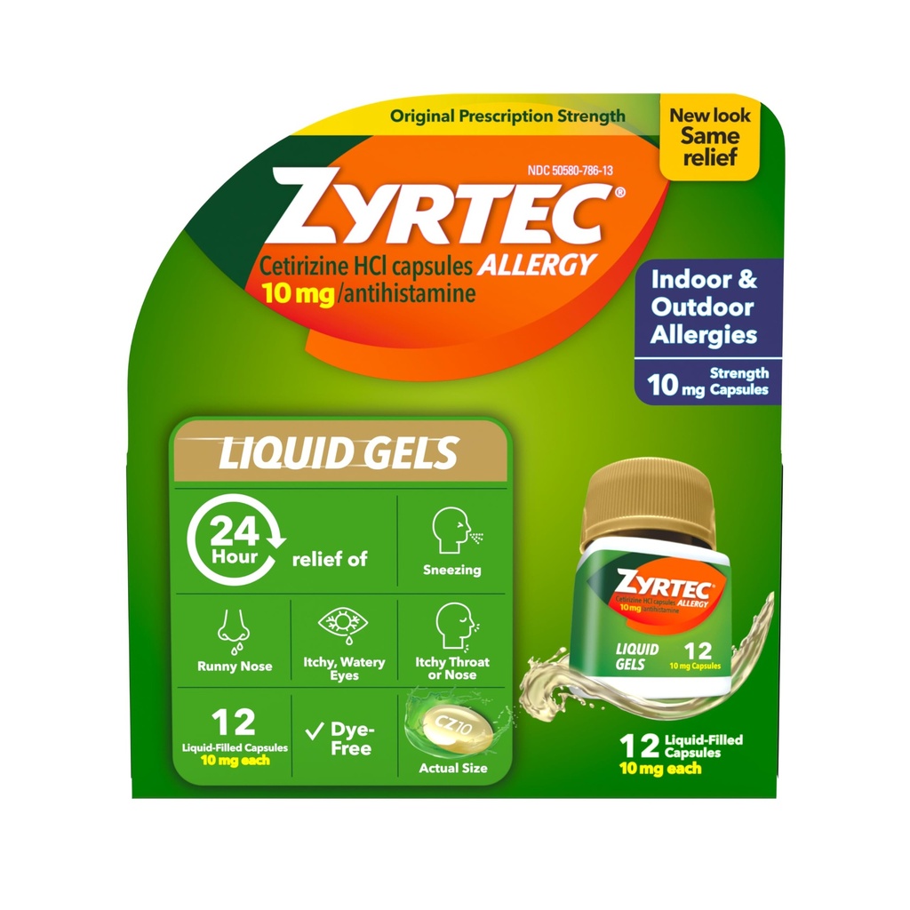 Zyrtec 24 Hodinová úľava na alergiu Tekuté gély, Antihistaminiká Kapsule s cetirizínom HCl Alergy Medicine for All- Day Relief from Runny Nose, Sipot, Svrbiace oči a viac, 12 Počet