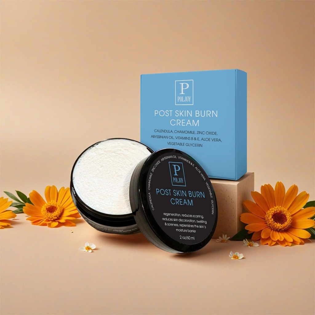 Post Skin Burn Cream, Sunburn Cream pre liečbu prvej pomoci, Hydraty a opravy kože s Aloe Vera, bambucké maslo, oxid zinočnatý, Calendula, kokosový olej a vitamíny B&E, kuchyňa a cestovanie