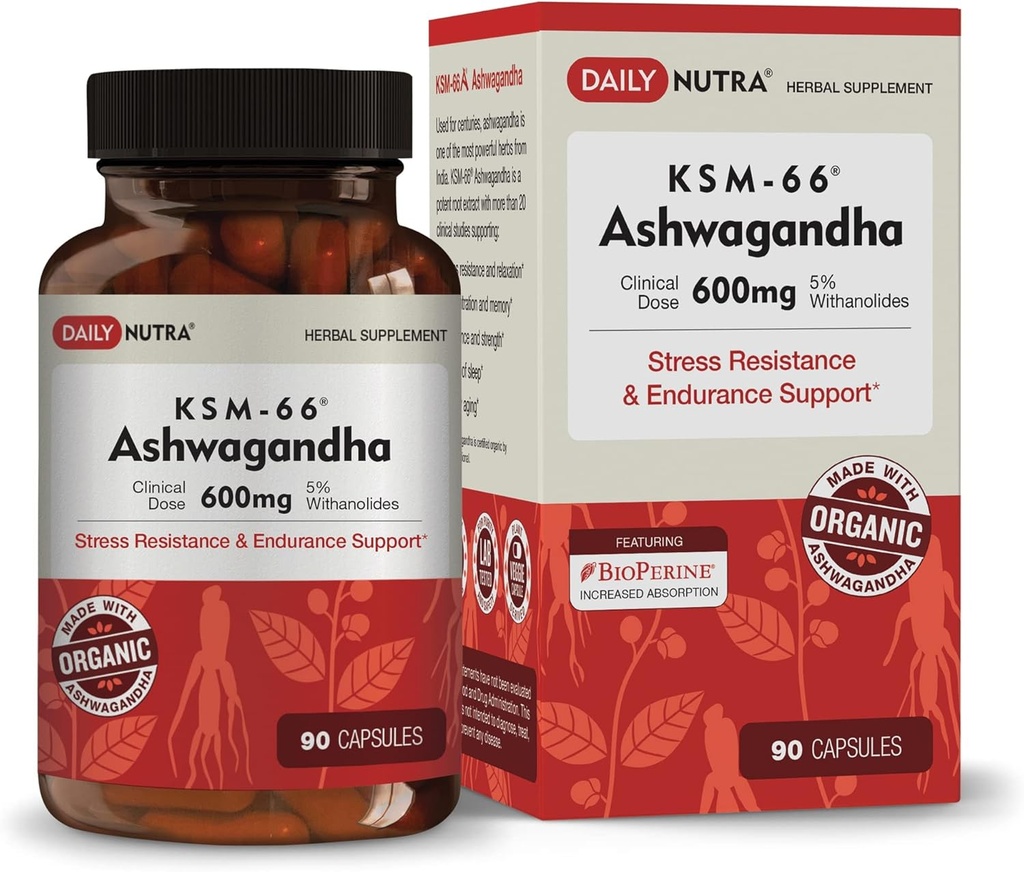 DailyNutra KSM-66 Ashwagandha 600mg Organic Root Extract - High Potency Supplement with 5% Withanolides 