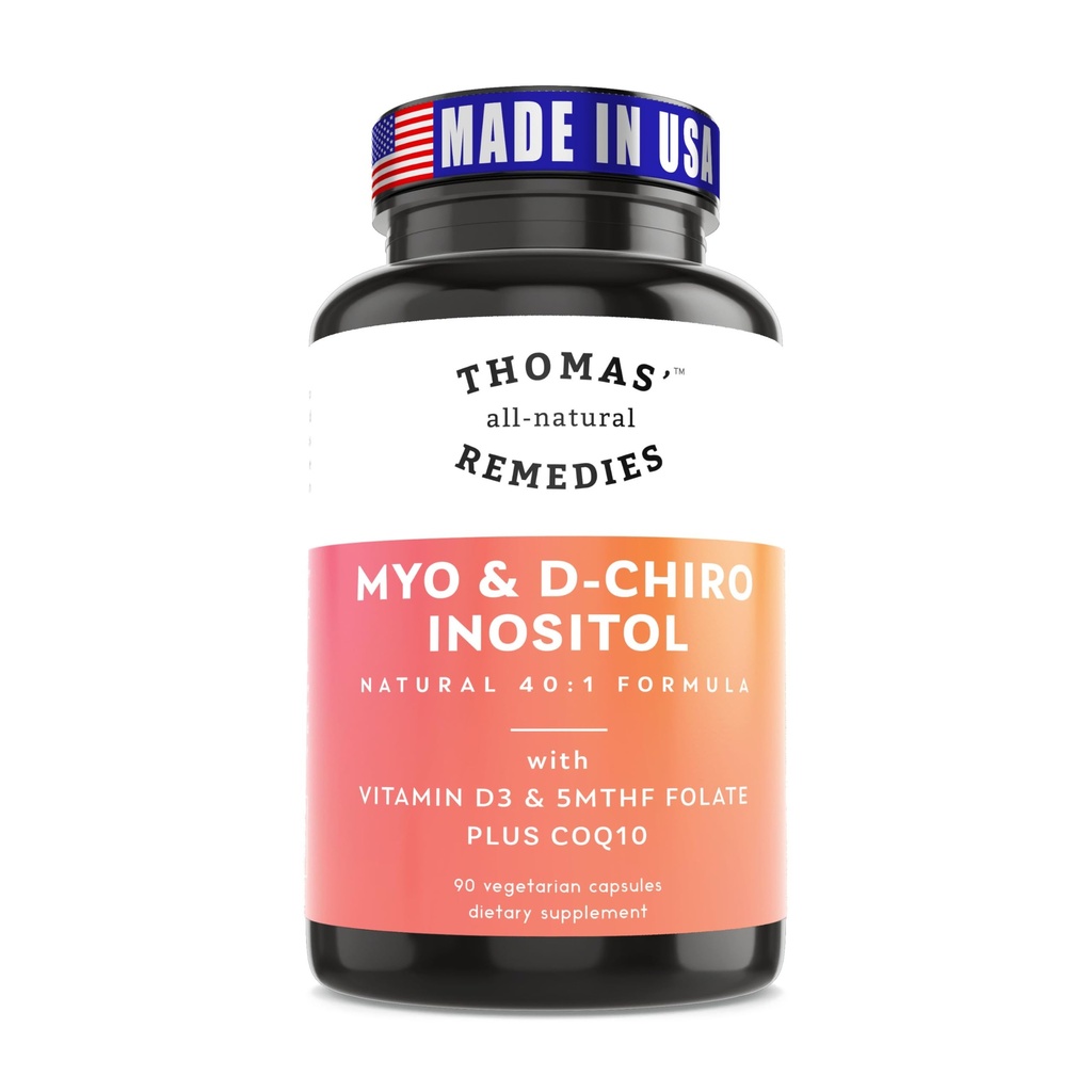 Thomas' all-natural Remedies Myo Inozitol Supplement & D-Chiro Inozitol Blend Supplement with Folát and Vitamín D3, 40 to 1 Ratio, non-GMO, No Fillers, CoQ10, 90 Vegan Capsules