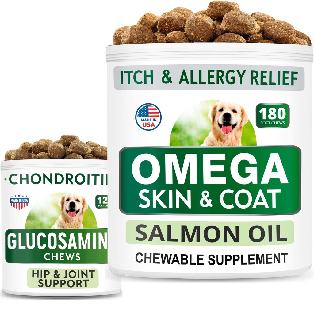 BARK&SPARK Glukozamín Dog Treats + Omega 3 pre psy Bundle - Hip podpora a spoločná úľava od bolesti doplnok + Rybí olej žuvačky pre šúchanie, kožné alergie, svrbenie Relief, koža a kabát doplnok