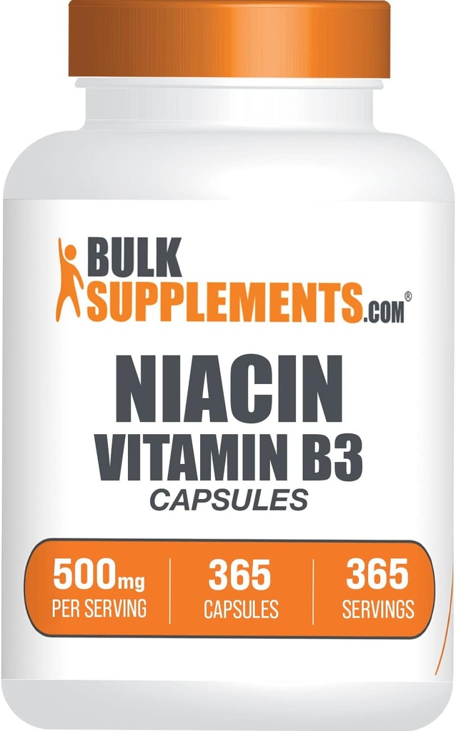 BulkSupplementments.com Niacin Kapsule - Niacin Supplement, Vitamín B3 - bez lepidla, 1 Kapsula na obsluhu, 365 Kapsule (Pack of 1)