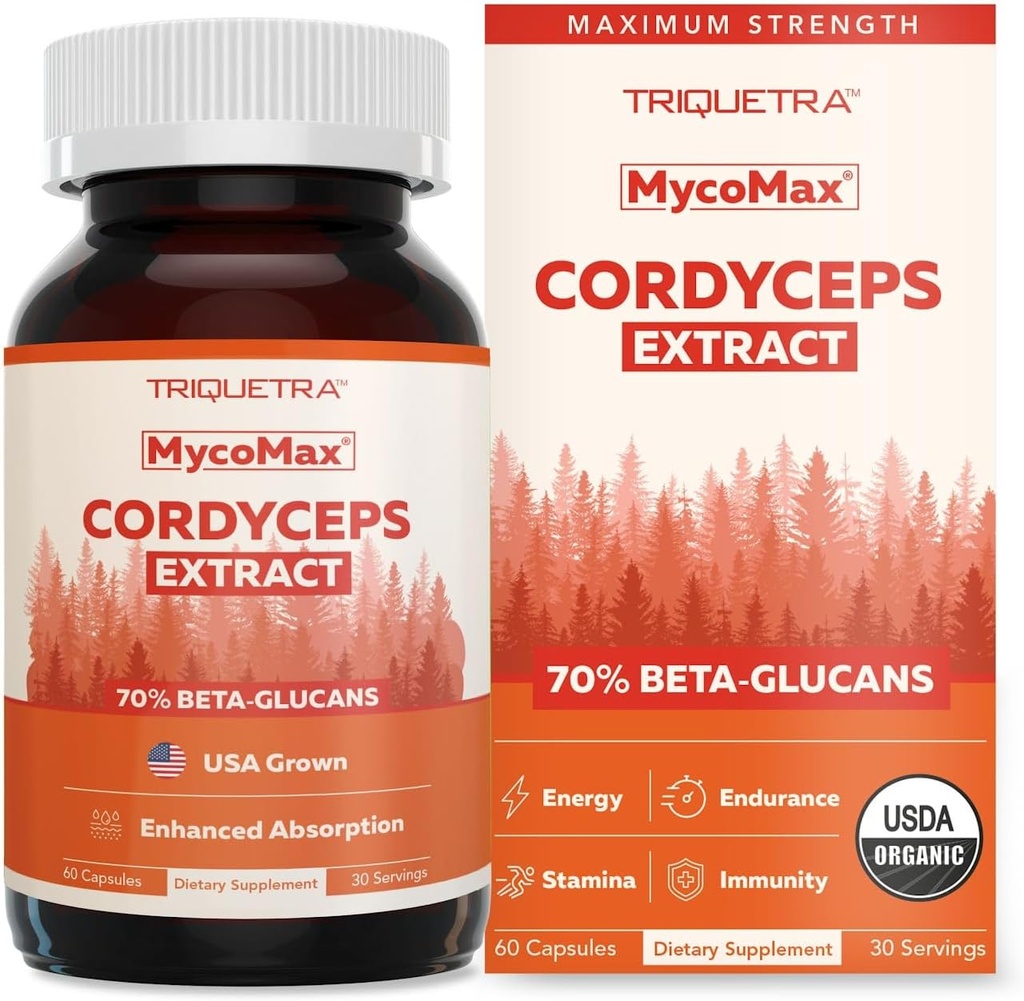 Organic Cordyceps Mushroom Extract - 70% Beta Glucans - Highest Active Nutrient Levels, Max Potency Cordyceps Capsules, US Grown + Ultrasonic Extraction - Performance, Immunity & Energy - 60 Capsules