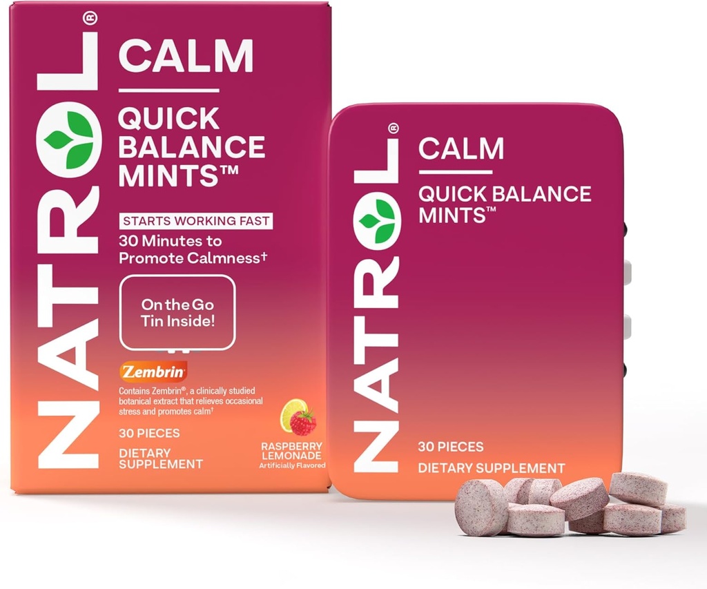 Natrol Quick Balance Calm Mints, Dietary Supplement, Malinová limonáda Umele Ochutená, 30 Počet, 15 Day Supply