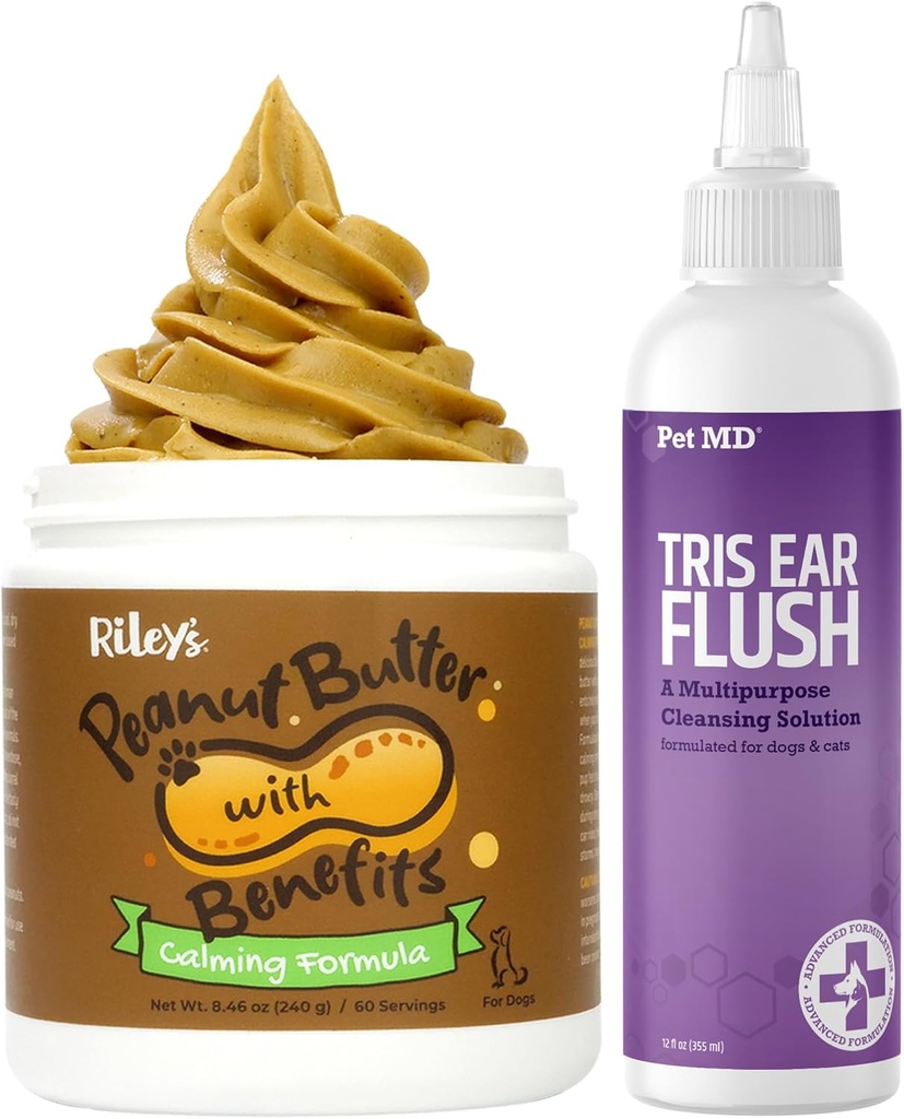 Pet MD Veterinary Tris Ear Flush + Riley je upokojujúce arašidové maslo pre psy