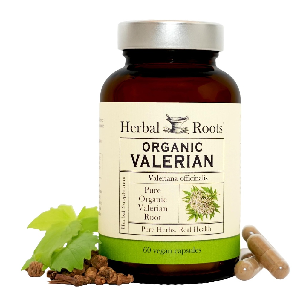 Bylinné korene Pure Organic Valerian Root Kapsule - 900 mg - Non-Habit Tvorba bez melatonínu, non-GMO - 60 Gróf Vegan Kapsule, Bylinné doplnky