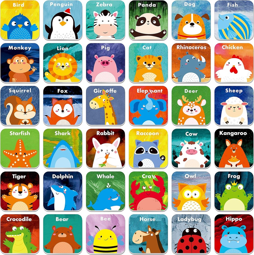 Hebayy 36 Pair Animals Matching Game Cartoon Flash Cards Erasable(72 PCs, Each Measures 2” X 2”)