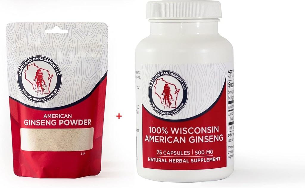 Dairyland American Ginseng Powder 4 oz a kapsuly 75 ot Balenie Wisconsin Ginseng 
