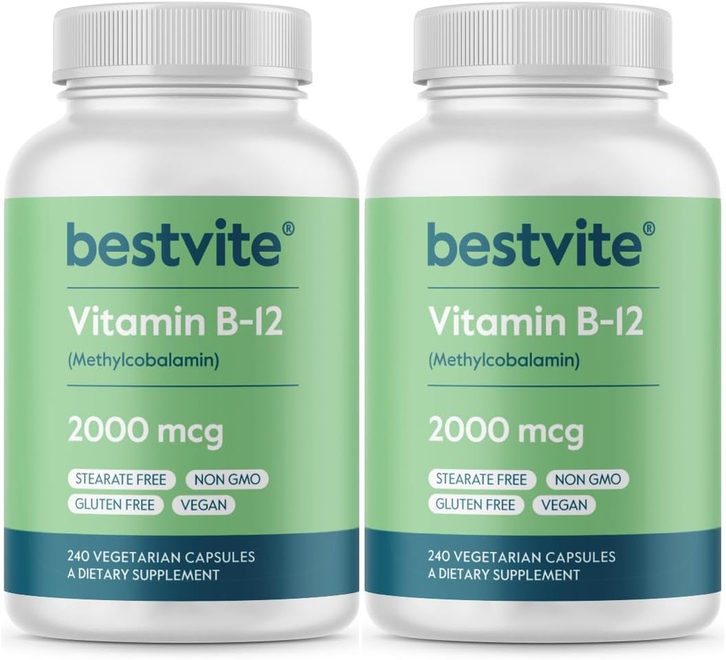 BESTVITE vitamín B12 (metylkobalamín) 2000mcg (480 Vegetariánske kapsuly)(2 x 240) (metyl B12) - žiadne stearáty - Vegan - Non GMO - bez lepidla