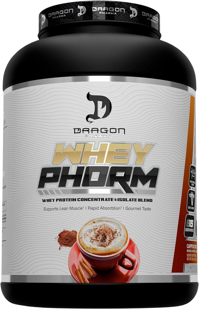 DRAGON PHARMA Srvátková bielkovina Blend, rýchla absorpcia, bezlepkové lepidlo, 100% srsťový proteín, srsťPorm, maximalizácia zotavenia, veľké ochutnávky, 25 gramov bielkovín (65 servings, Cappuccino)