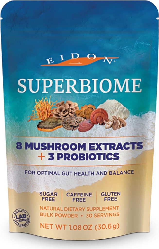 Eidon SuperBiome, Mushrom Probiotiká Powder Blend, Gut Balance, Microbiome Health Supplement with Organic Reishi, Chaga, Lion's Mane, Cordyceps, Turkey Tail, Shitake, Maitake, Phelinus, 30 Servings