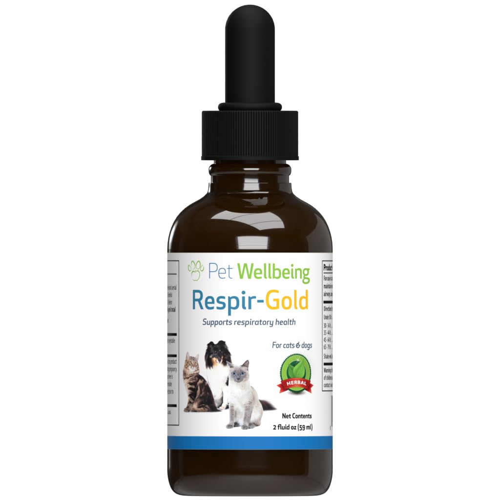 Pet Wellbeing Respir-Gold pre mačky - podporuje zdravé dýchanie, Open Airways, Podpora dýchania, Black Cumin, Horehound, Grindelia - Veterinarian-formulované bylinné doplnok 2 fl oz (59 ml)