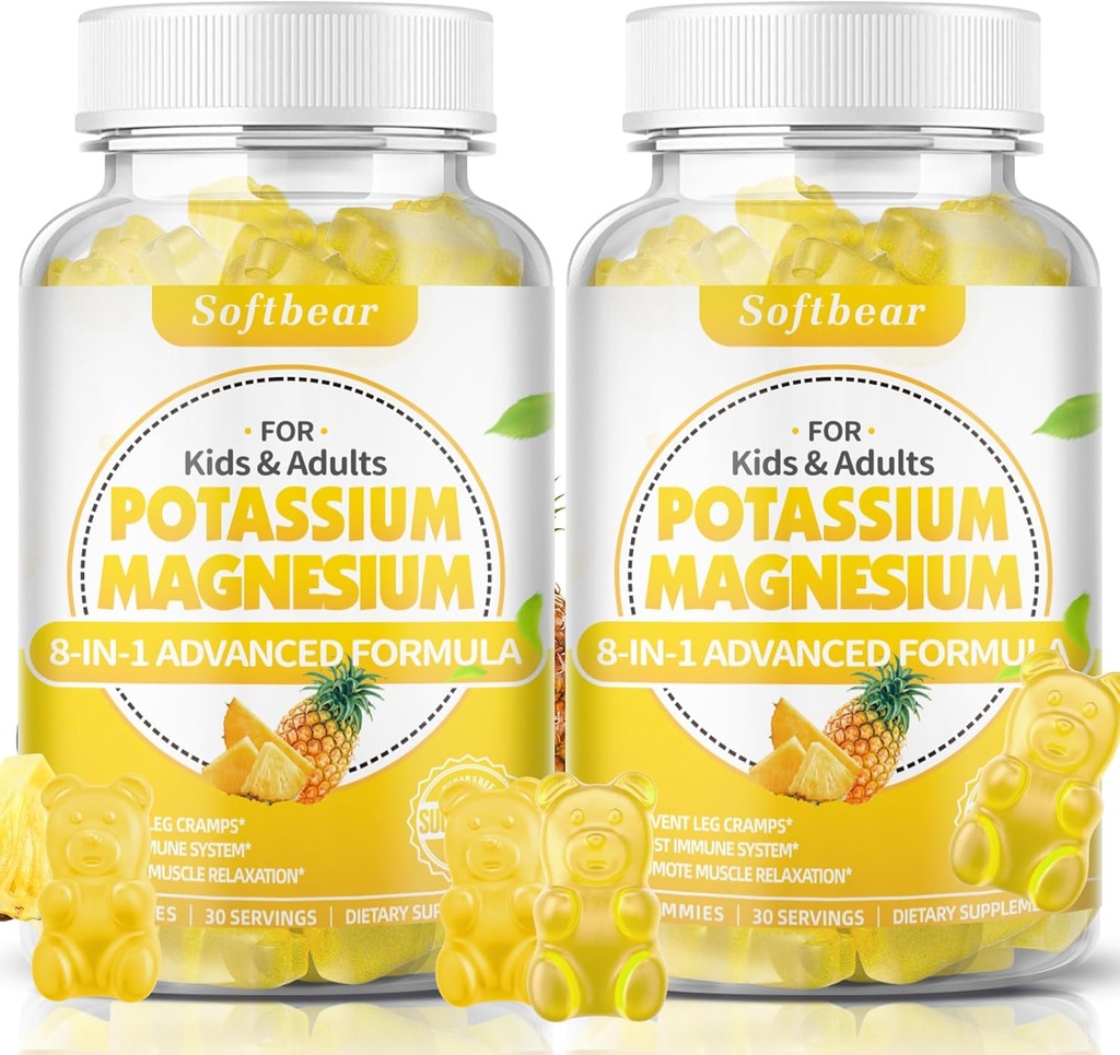 softbear Draslík Gumies pre dospelých, bezcukrový horčík doplnok s vitamínom B6 CoQ10 pre svalové krevety Vegánska ananásová príchuť 120 Gumies