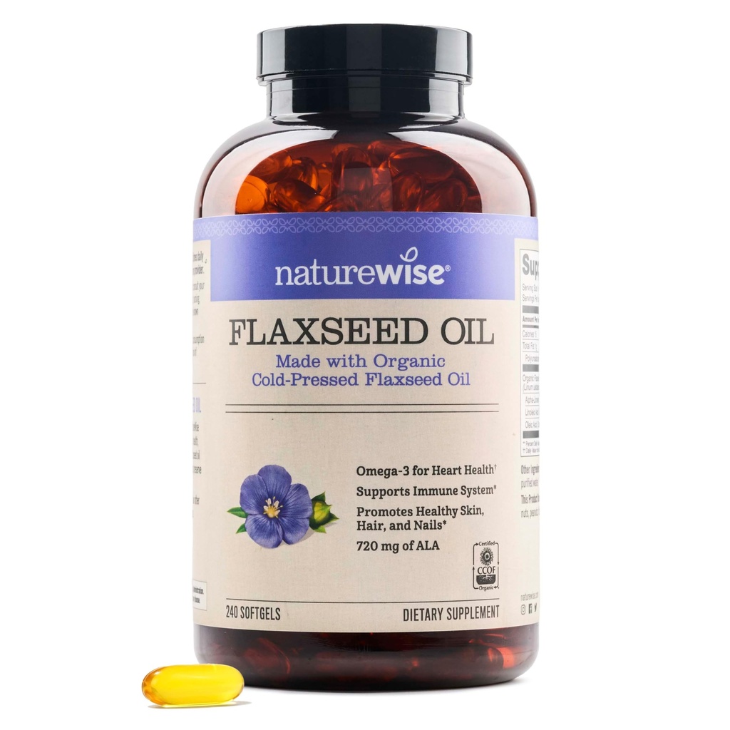 NatureWise Ľanový olej 1,242 mg, Ryby bez Omega 3 6 9 so 720mg ALA, Dietary Supplement for Heart Health Support - Organic, Cold Pressed, Non-GMO - 240 Softgels[8-Month Supply]