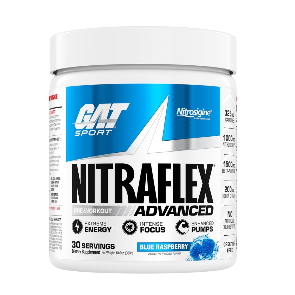 GAT SPORT Nitraflex Advanced pre-Workout Powder, zvyšuje prietok krvi, zvyšuje silu a energiu, zlepšuje výkon cvičenia, (Modrá malina, 30 slúži)