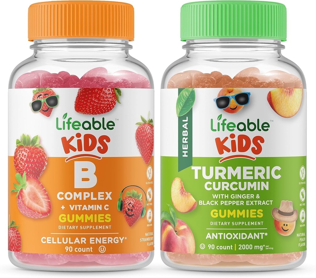 Životaschopné B komplex deti + Turmeric Curcumin deti, Gummies Bundle - veľké ochutnávky, vitamínové doplnky, bez lepku, bez GMO, Žuvacia Gummy