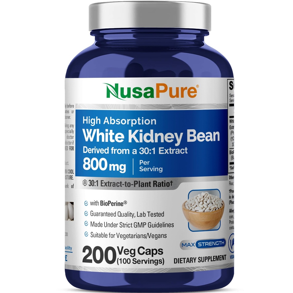NusaPure biela fazuľa obličky 30:1 extrakt, 800 mg ekvivalent 24 000 mg 200 Vegan kapsuly - Bioperine - (Vegan, Non-GMO)