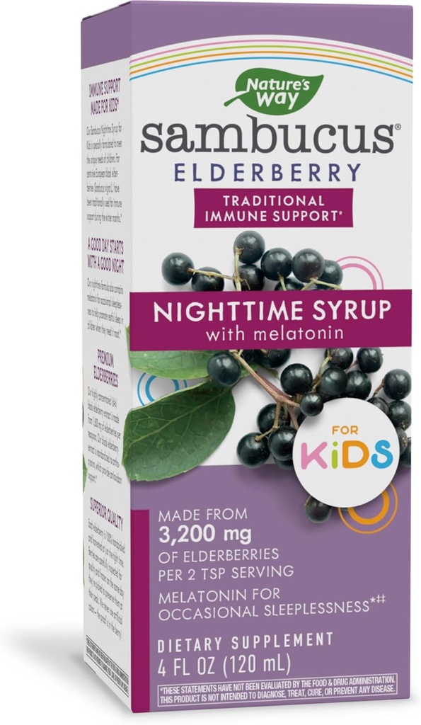 Prírodná cesta Sambucus Elderberry Nighttime Sirup pre deti s melatonínom, Immune Support*, 4 Fl Oz