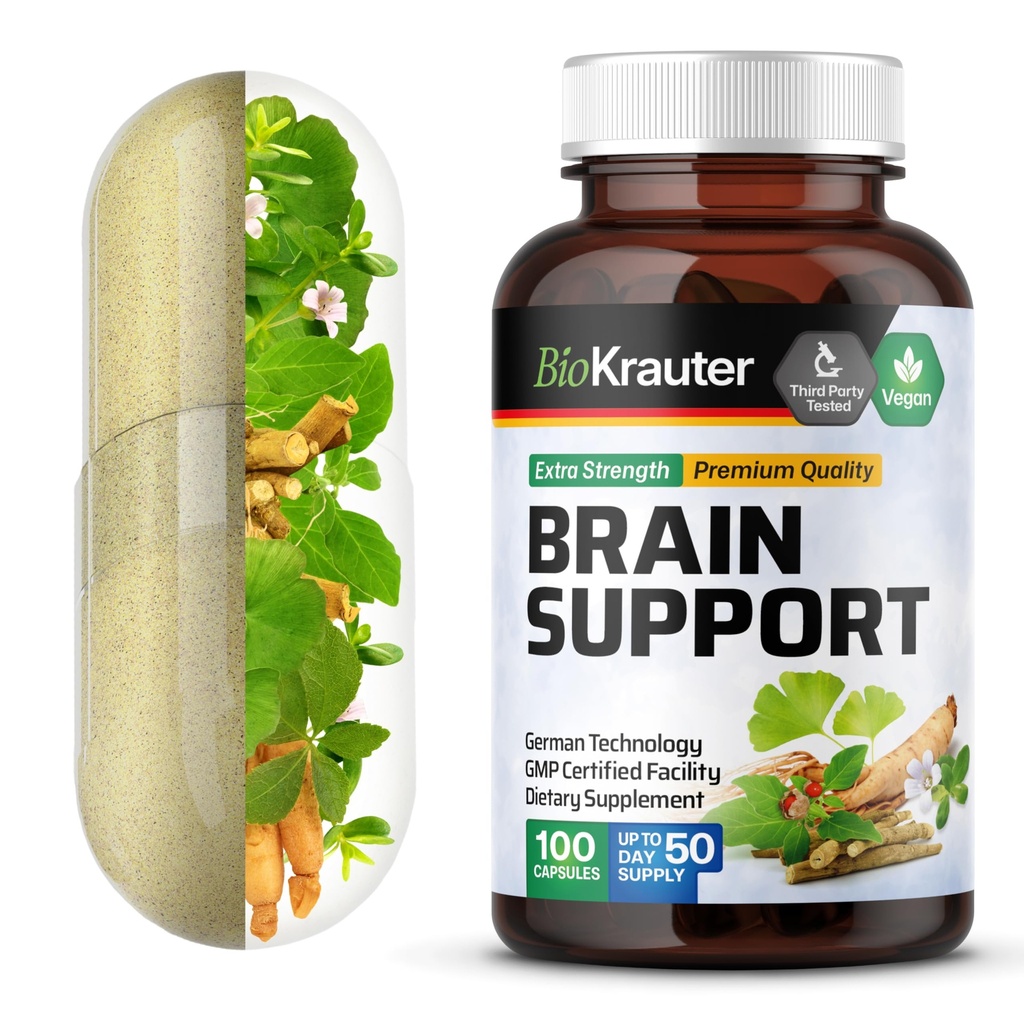 BIO KRAUTER Brain Support Supplement - 100 Count - 1300 mg Blend of Ashwagandha, Panax Ginseng a Ginkgo Biloba - Vegan, žiadne plnenie