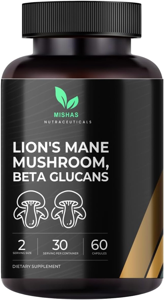 Mishas Lions Mane Supplement - Organic Lions Mane - Podpora zdravia mozgu - Podpora zaostrovania a pamäte, imunitného a nervového systému Ženy a muži - 60 Vegan Kapsule
