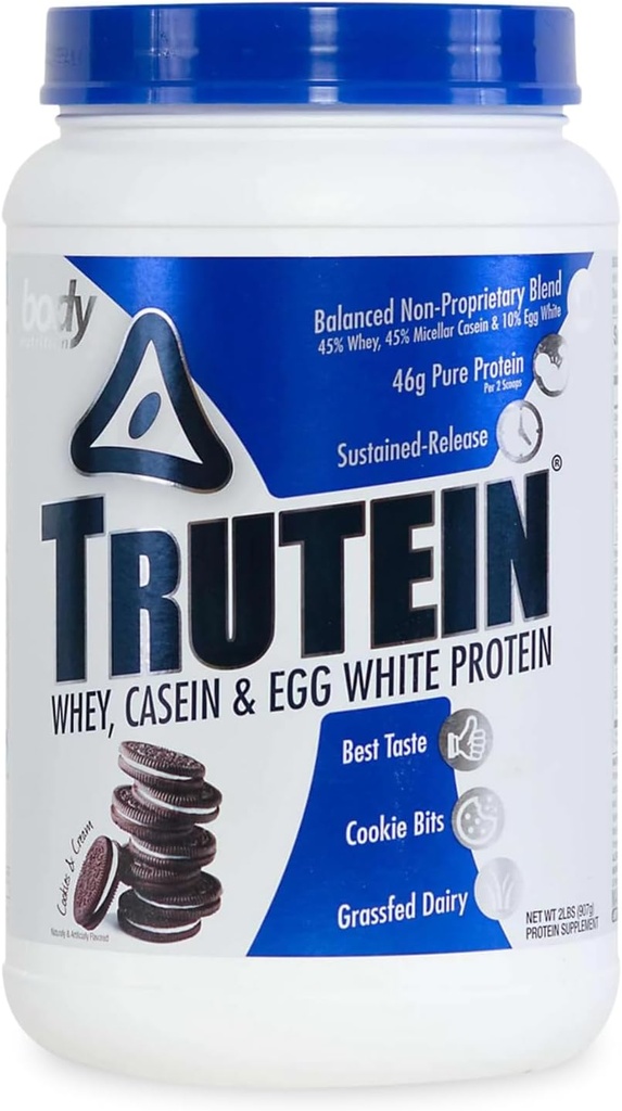 Telová výživa Trutein prášok s vysokým obsahom bielkovín: 45% srsť, 45% Casein, 10% Vaječný biely proteín Shake Mix, Nízky obsah sodíka, Nízkokarbový proteínový doplnok prášok pre mužov a ženy, Cookies & Cream, 2lb