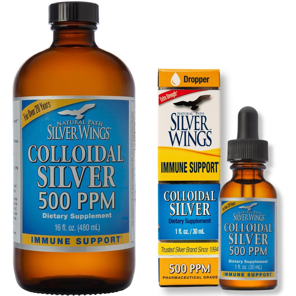 Natural Path Silver Wings Supplement - Koloidné striebro 500 ppm (16 fl.oz / 480 ml) Plus Koloidné striebro 500 ppm (1 fl.oz / 30 ml)