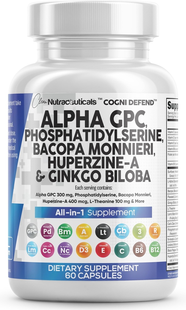 Doplnok mozgu Alpha GPC 300mg Fosfatidylserín Bacopa Monnieri Ginkgo Biloba Lions Mane Huperzine A L-Theanine NAC Nootropný pamäť Focus Cognitive Podpora Vitamíny B C D E 60 Kapsule USA