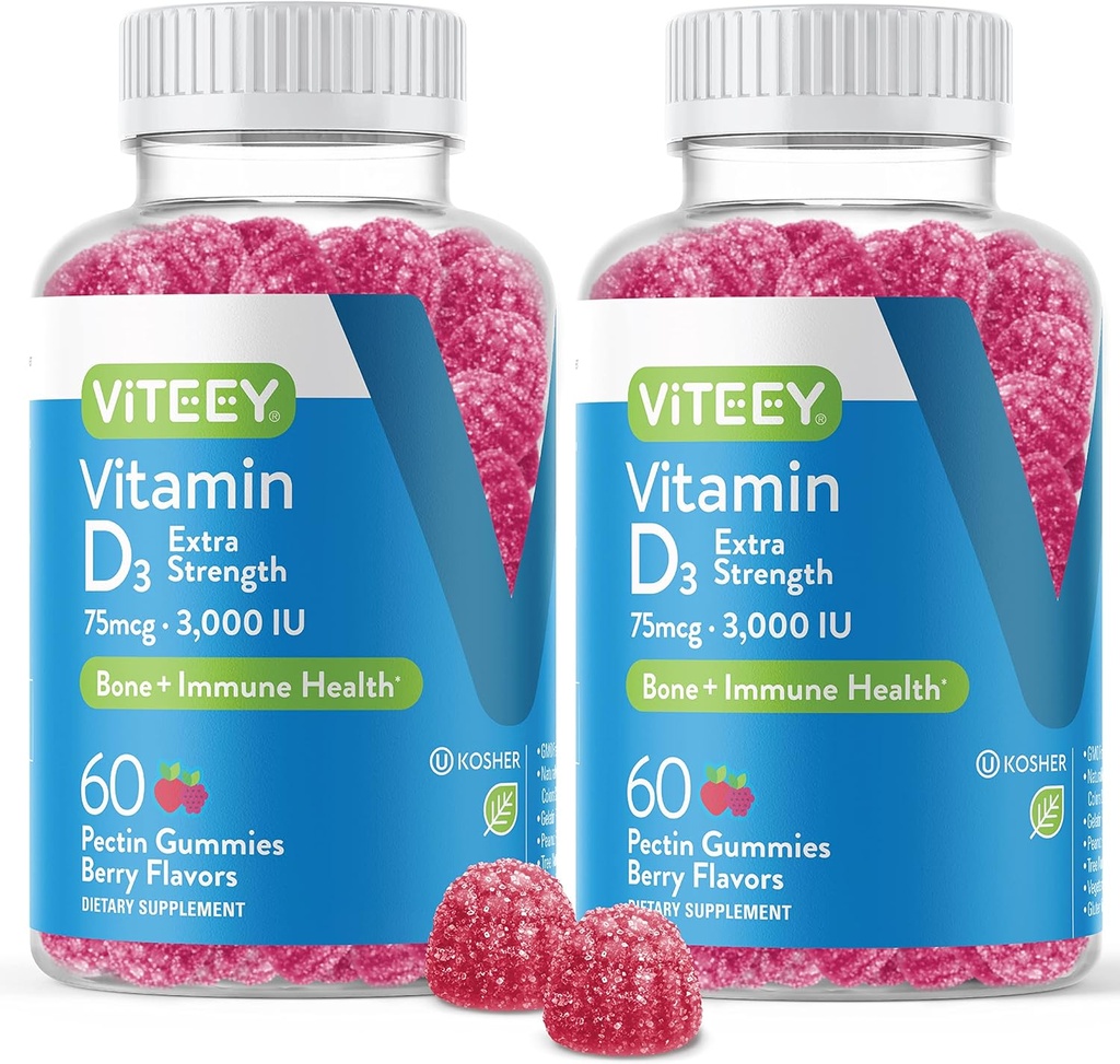 Vitamín D3 Gumičky pre dospelých & dospievajúcich - 3 000 IU, 75 μg, extra sila - zdravie kĺbov a svalov, zvýšená imunita - žuvacie vitamíny D Gumičky - vegetariánka, bez želatíny - Chutné Berry Ochutené Gummy