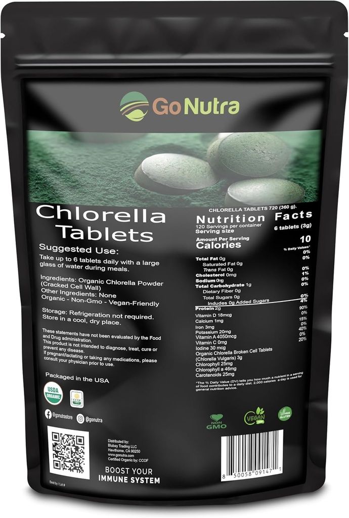 Organic Chlórella Tablety Broken Cell, 3000mg Per Serving,1000 Tablety - Superfoods Bohaté na minerály, vitamíny, chlorofyl, aminokyseliny, mastné kyseliny, Fiber & Proteins, Non-GMO & Vegan Friendly
