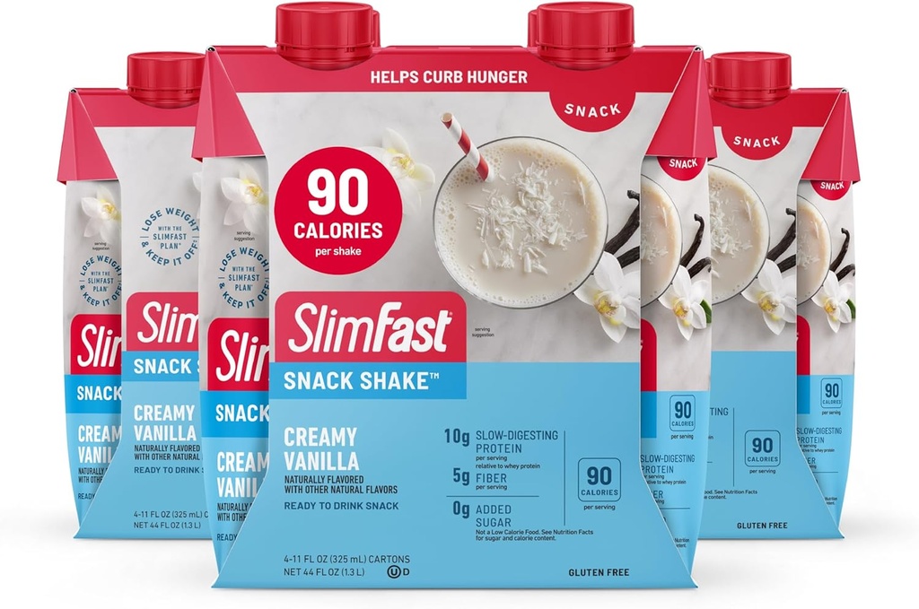 SlimFast Snack Shake, 90 Kalórie Fiber Shake, Pripravený na pitie, Protein Drink, Krémová Vanilla, 12 Počet