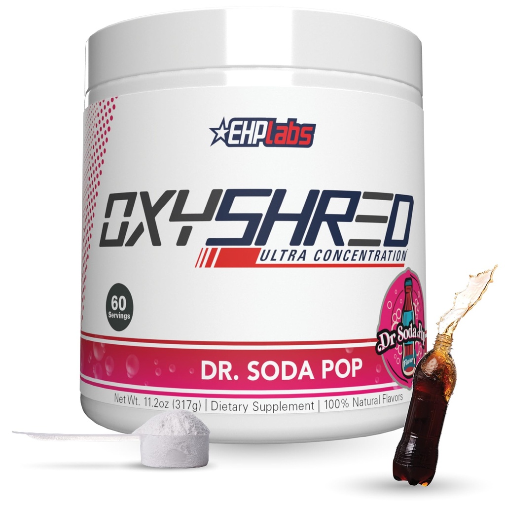 EHP Labs OxyShred Termogénny spaľovač tukov - Predprášok s L-Glutamine, Acetyl L-karnitín, Metabolizmus Booster, chudnutie, Apetite Control, Energy Drink, Dr. Soda Pop, 60 Servis