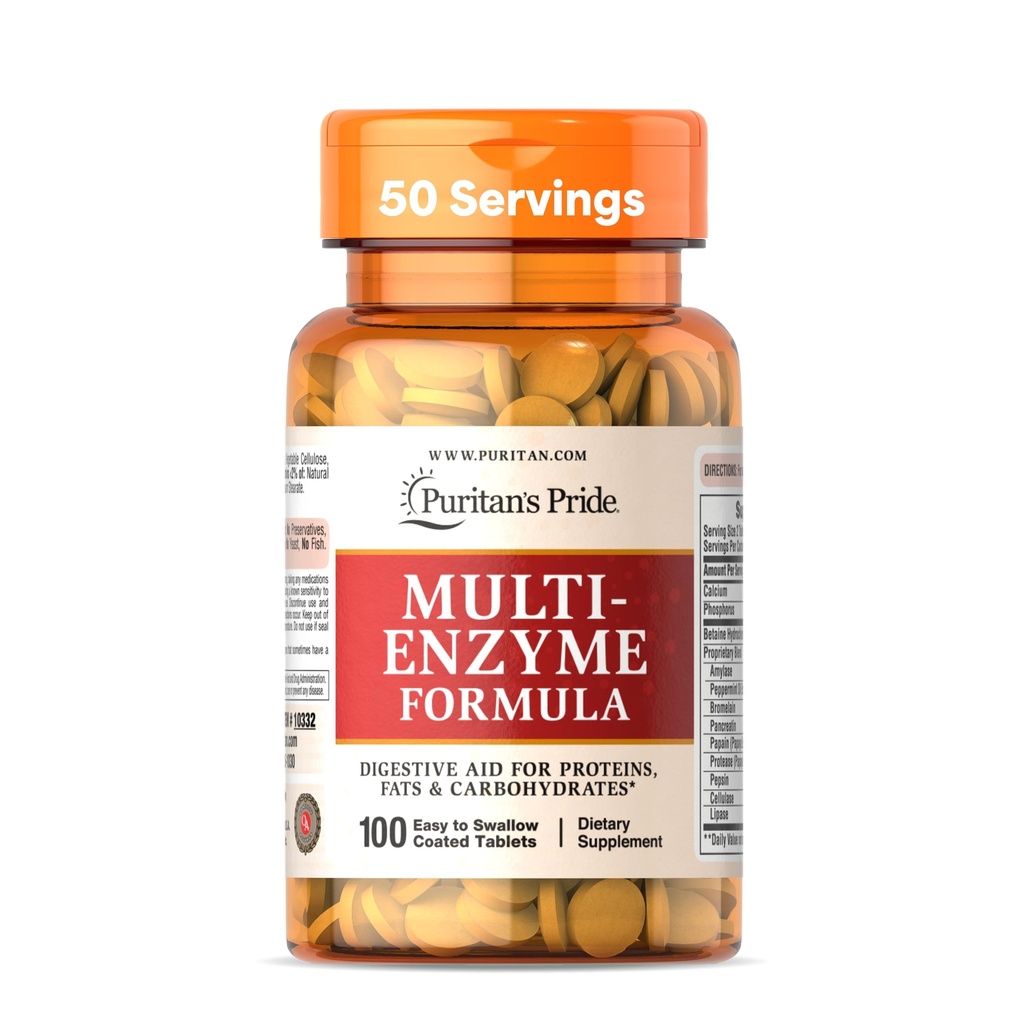 Puritánska pýcha Multi-Enzyme Formula, Tráviaca pomôcka pre proteíny, tuky, a karbohydráty, Diétne doplnky pre zažívacie a zdravé Gut Podpora, 50 Day Supply, 100 Ľahko prehltnúť obalené tablety