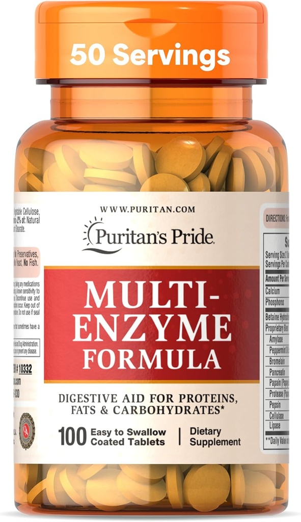 Puritánska pýcha Multi-Enzyme Formula, Tráviaca pomôcka pre proteíny, tuky, a karbohydráty, Diétne doplnky pre zažívacie a zdravé Gut Podpora, 50 Day Supply, 100 Ľahko prehltnúť obalené tablety