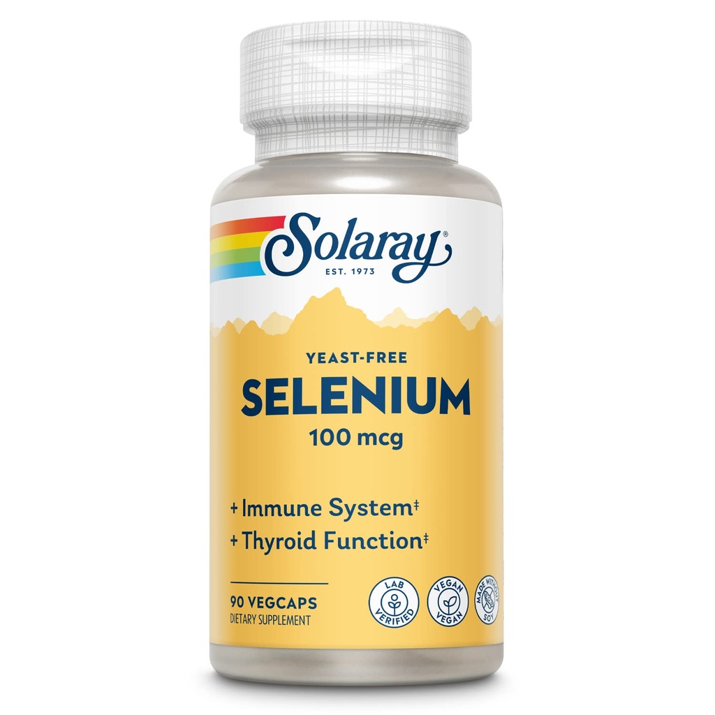 SOLARAY Selén 100 mcg Supplement for Women & Men - Selén 100 mcg Kapsule, Podpora zdravia štítnej žľazy a imunitného systému, bez kyslosti, L Selenometionín, Antioxidant Support, Vegan - 90 Veg Caps