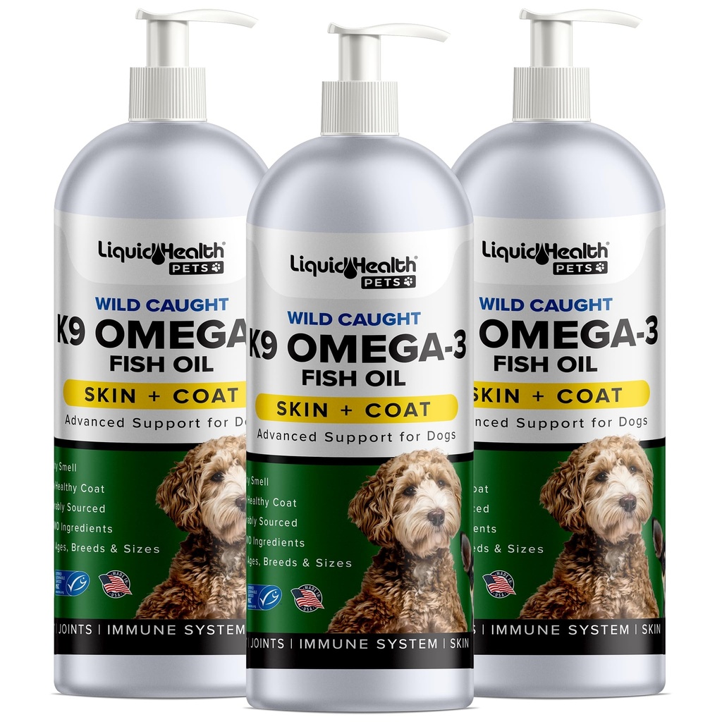 Liquid Health Domáce zvieratá K9 Omega 3 Rybí olej pre psy - Liquid Omega 3 doplnok pre domáce zvieratá s EPA + DPA + DHA - Znížiť svrbenie a lepenie, podporné kĺby, imunita, mozog, zdravie srdca - USA Vyrobené (3 balenie)