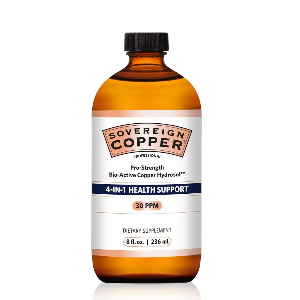 Sovereign Pro-Silver Bio-Active Copper Hydrosol - Biodostupný medený tekutý doplnok pre dospelých a deti w/Silver Hydrosol pre vlasy, kožu, & nechty, 30ppm - 8 fl oz (237ml)