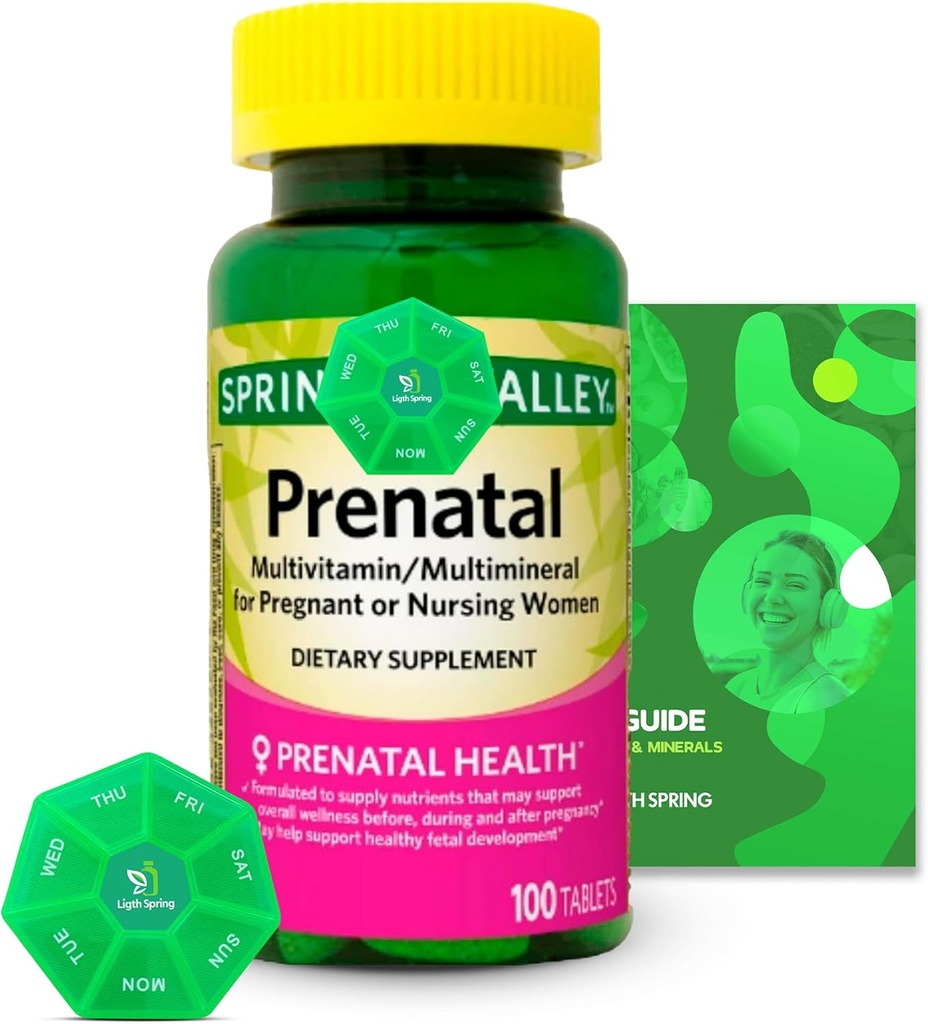 Prenatálna multivitamínová/multiminerálna 100 tableta s exkluzívnymi vitamínmi a minerálmi - A až Z -lepší sprievodca Ligth & Spring + Týždenný Organizátor piluliek (3 položky)