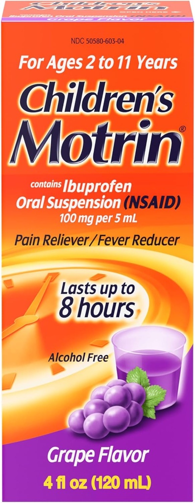 Detský Motrin perorálna suspenzia, úľava od bolesti, Ibuprofén, Ochutené hrozno, 4 Oz
