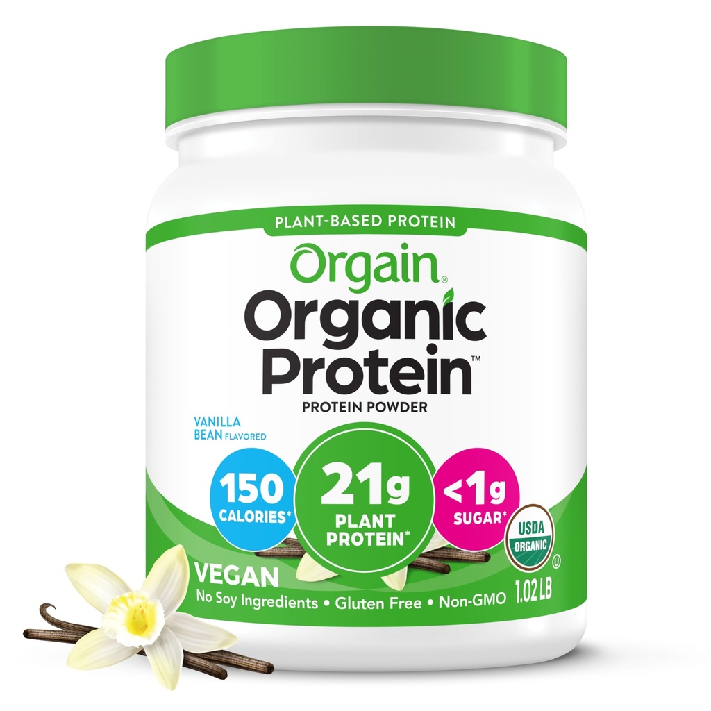 Orgain Organic Vegan Protein Powder, Vanilla Bean - 21g Plant Based Protein, 4g Prebiotic Fiber, žiadne zložky laktózy, žiadny pridaný cukor, non-GMO, Pre Shakes & Smoothies, 1.02 lb (Backaging May Vary)