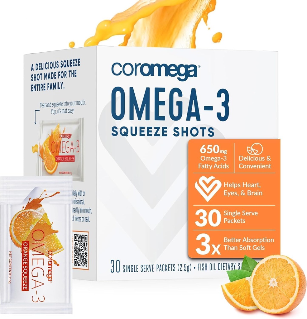 Coromega Omega 3 Fish Oil Supplement, 650mg Omega-3s s 3X Lepšie vstrebávanie ako softgels, Orange flavor, 30 Single Serve Squeeze Pakets