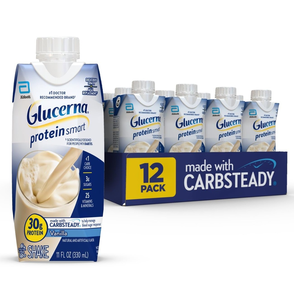 Glucerna Protein Inteligentná starostlivosť o cukrovku Shake, Vanilka, Diabetická náhrada jedla na podporu liečby krvného cukru, 30g proteínu, 150 kalórií, pripravený na pitie, 11-fl-oz fľaša, 12 balenie