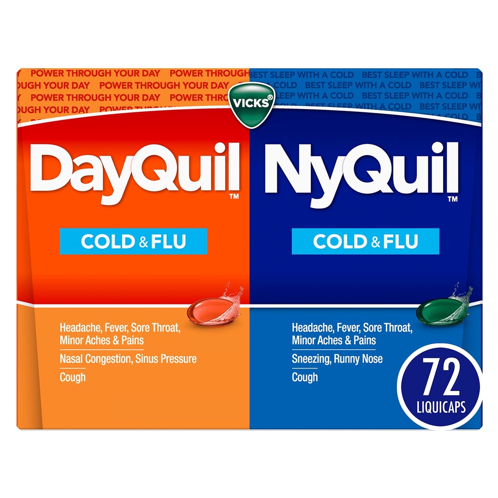 Vicks DayQuil & NyQuil Co-Pack, Cold & Flu Medicine, Výkonný multi-Symptom Day-time & Nighttime Relief for Bolesť hlavy, Horúčka, Bolesť žalúdka, menšie bolesti a kašeľ, 72 ct