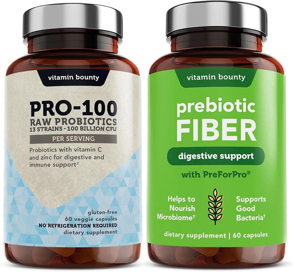 Vitamín Bounty Pro-100 Probiotiká a prebiotické Fiber Bundle: Ultimate Gut Zdravotná podpora s 13 kmeňmi, 100 miliárd CFU, Zinok a vitamín C, Oneskorené uvoľnenie Kapsule - 90 Kapsule