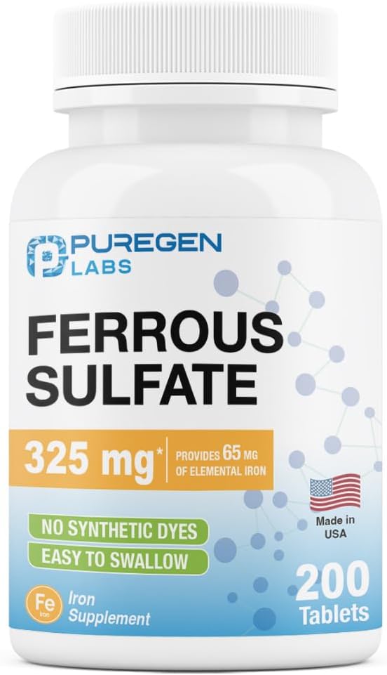 Puregen Labs Ferrous Sulfate 325 mg (65 mg Elemental Iron) High Potency Železo Supplement 