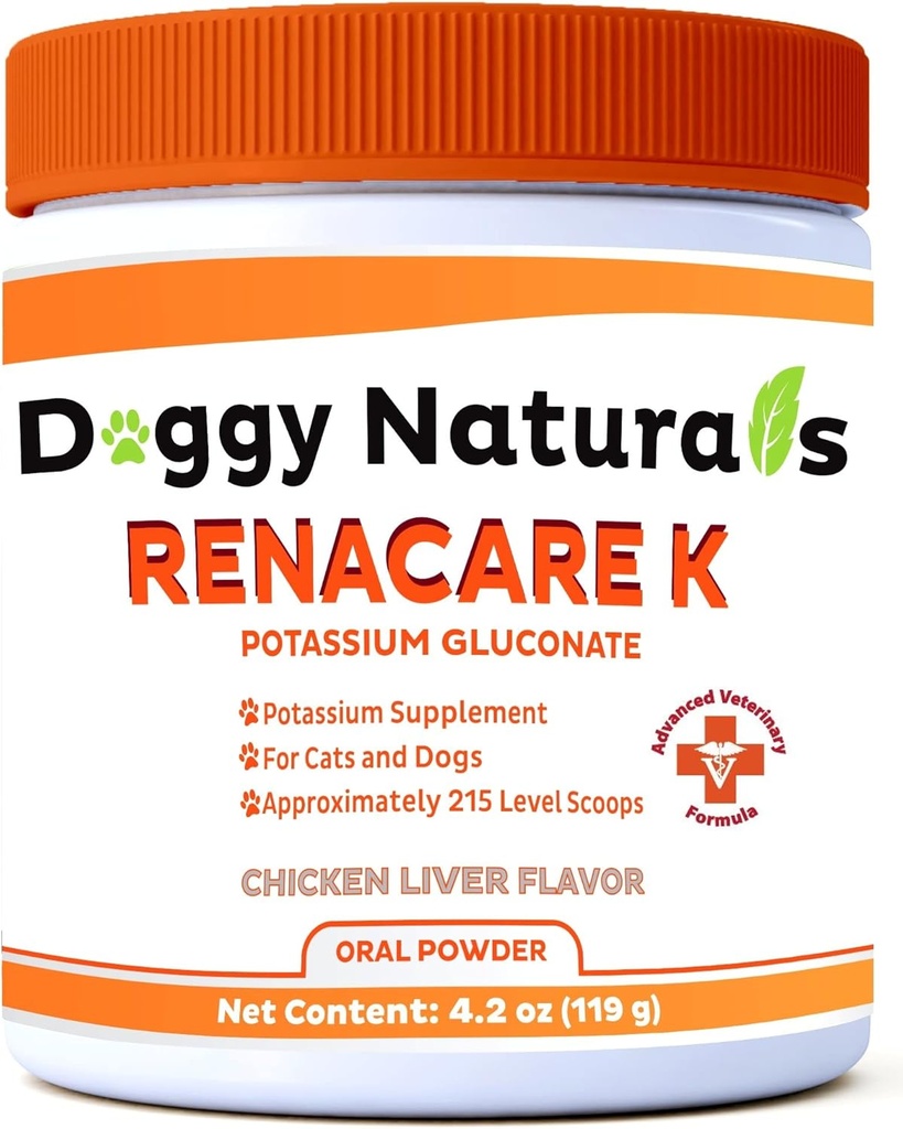 RenaCare K je pre Renal K (Potasium Gluconate) Draslík Supplement Powder pre psy a mačky, (4 oz) s kuracím pečeňovým príchuťom - 215 Level Scoop (Made is U.S.A)