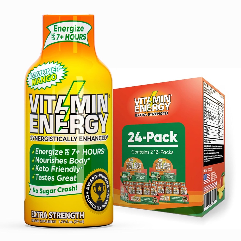 Vitamín Energy Immune+ Extra sila Energia Shot Mango 24 Balenie, 260mg Prírodný kofeín, B-vitamíny, Citicolín, Zelený čaj, Imunity & Focus Support, Zero Sugar, Gluten-free 1,93 fl oz