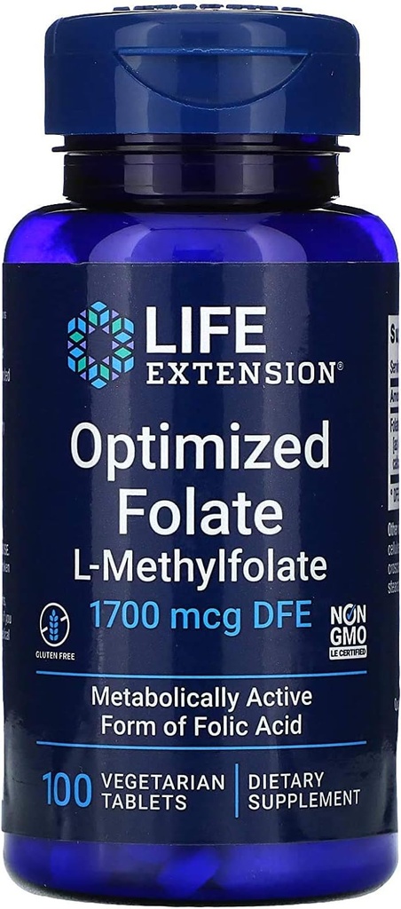 Predĺženie života Optimalizované Folát L-metylfolát 1000 mcg Vegetariánske tablety 2 Balenie