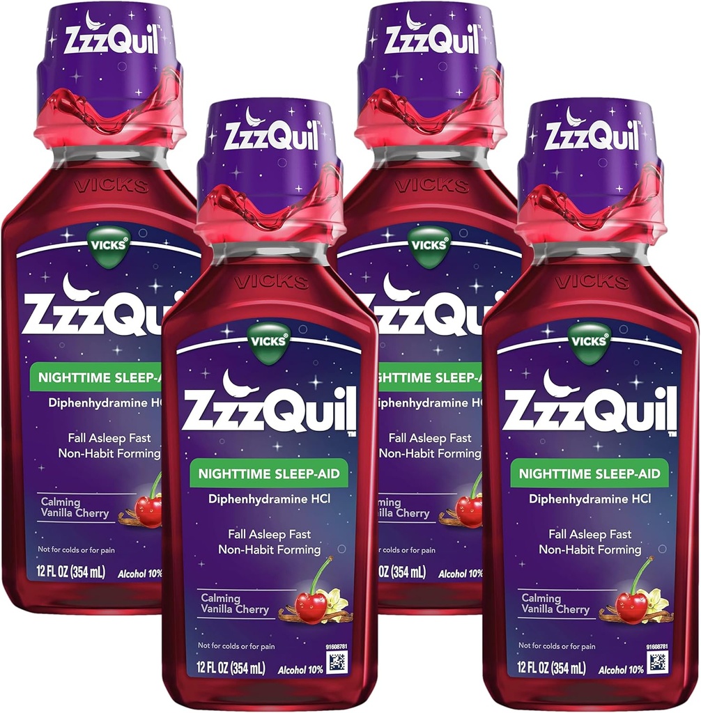 ZzzQuil, Nighttime Sleep Aid Liquid, 50 mg Diphenhydramine HCl, No.1 Sleep-Aid Brand, Ukľudňujúca Vanilla Cherry Flavor, Non-Habit forming, 12 FL OZ