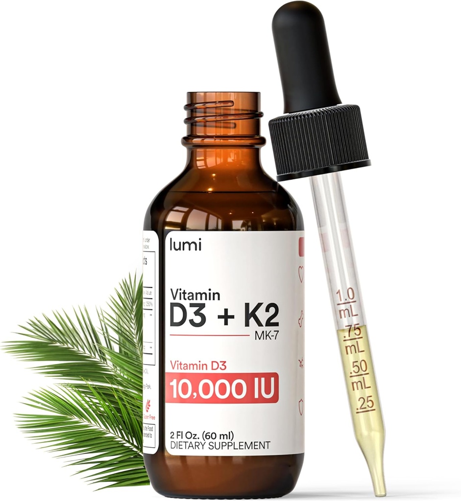 Lumi Vitamín D3 K2 MK7 w Palm MCT Oil - 10000 IU D3, 200 mcg K2 MK7-60ml Lipozomálne Absorpcia Sublingválne kvapalné kvapky - ne-GMO, Vegan, Neochutená kvapalina - Mesačné dodávky - 2 Fl Oz